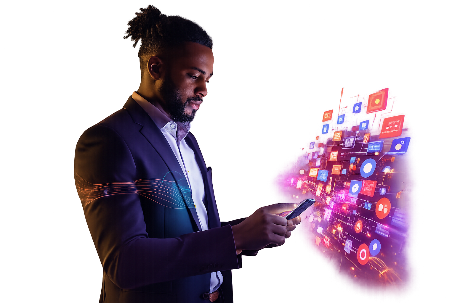 A stylish tech creator reviewing sponsorship opportunities on a smartphone.
