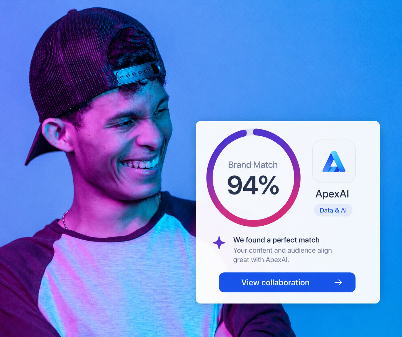 A creator reviewing a high-fit brand match on a bright dashboard card.